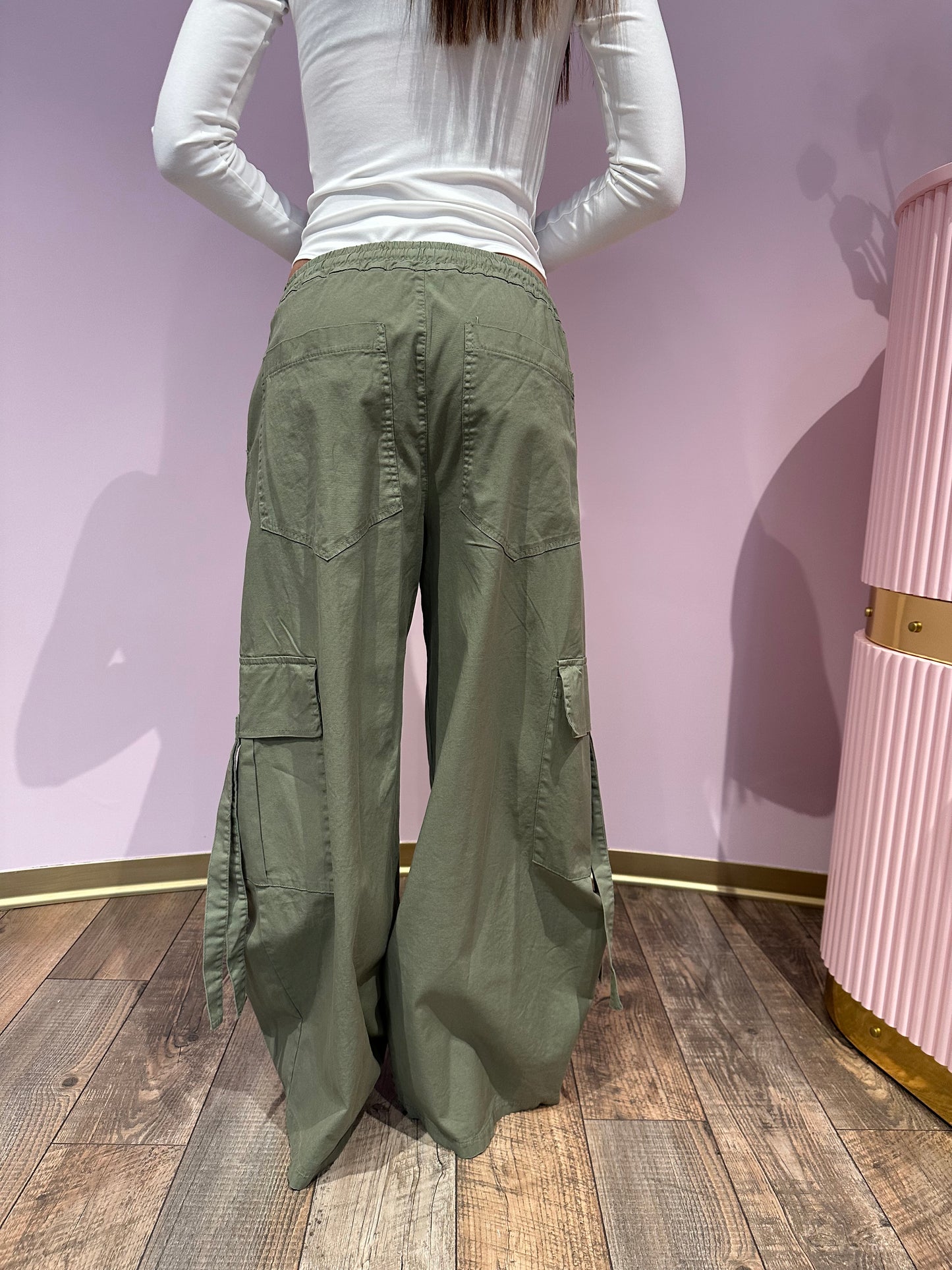 Pantaloni Cargo Linda Verde Militare - Wide Leg con Coulisse