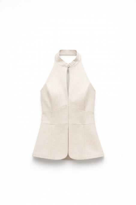 Top Halter Sartoriale con Dettaglio a Nodo - Color Naturale & Bianco latte