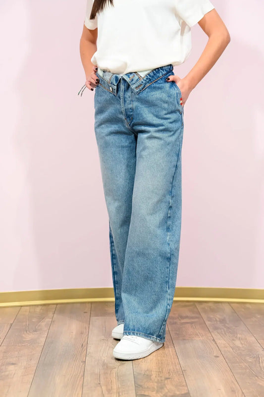 Jeans Amish Roll Up - Gamba Larga e Vita Bassa in Denim New Stone